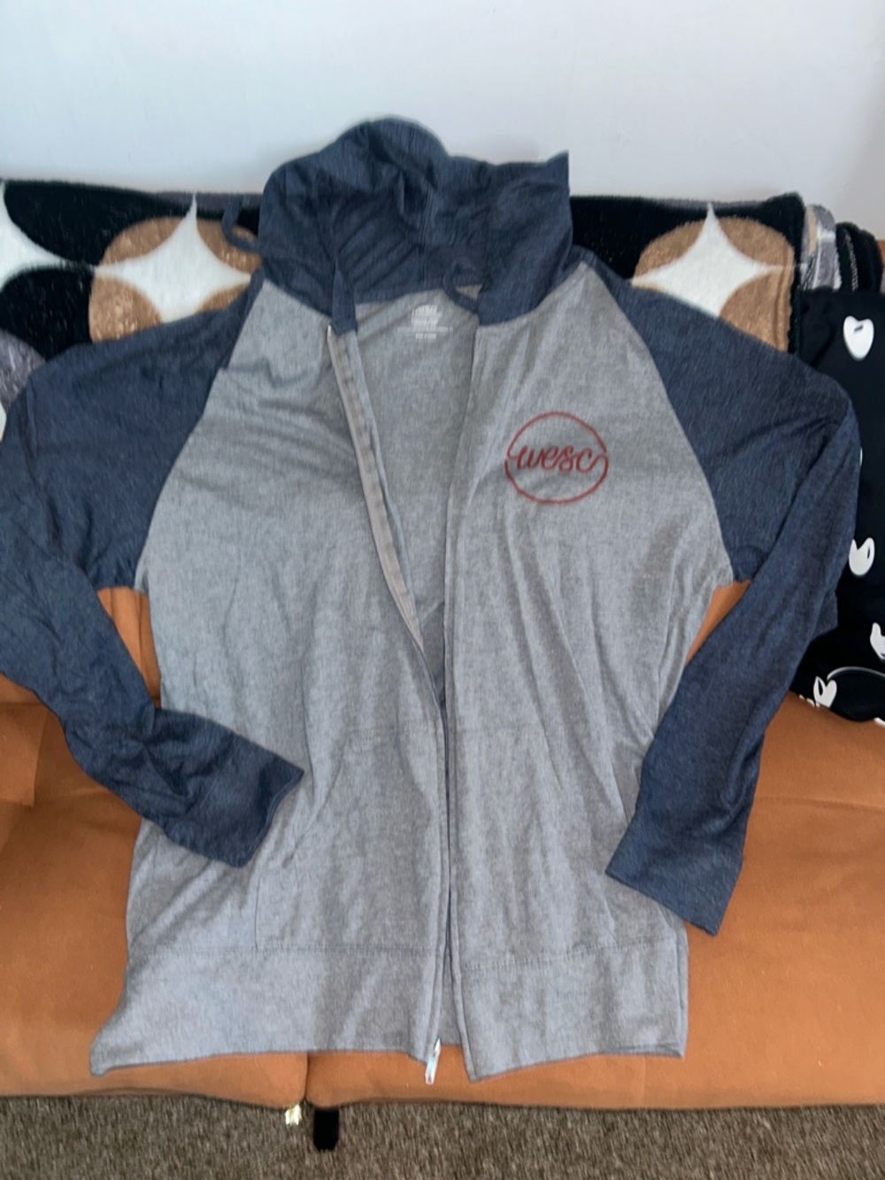 Wesc men’s Lightweight Zip Hoodie in Gray and Navy with Red Logo